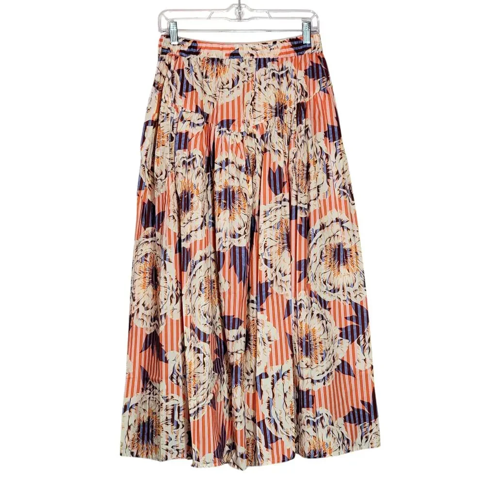 Anthropologie Stripe Floral Button Front A-Line Midi Skirt Cotton Red Blue S - Picture 8 of 15